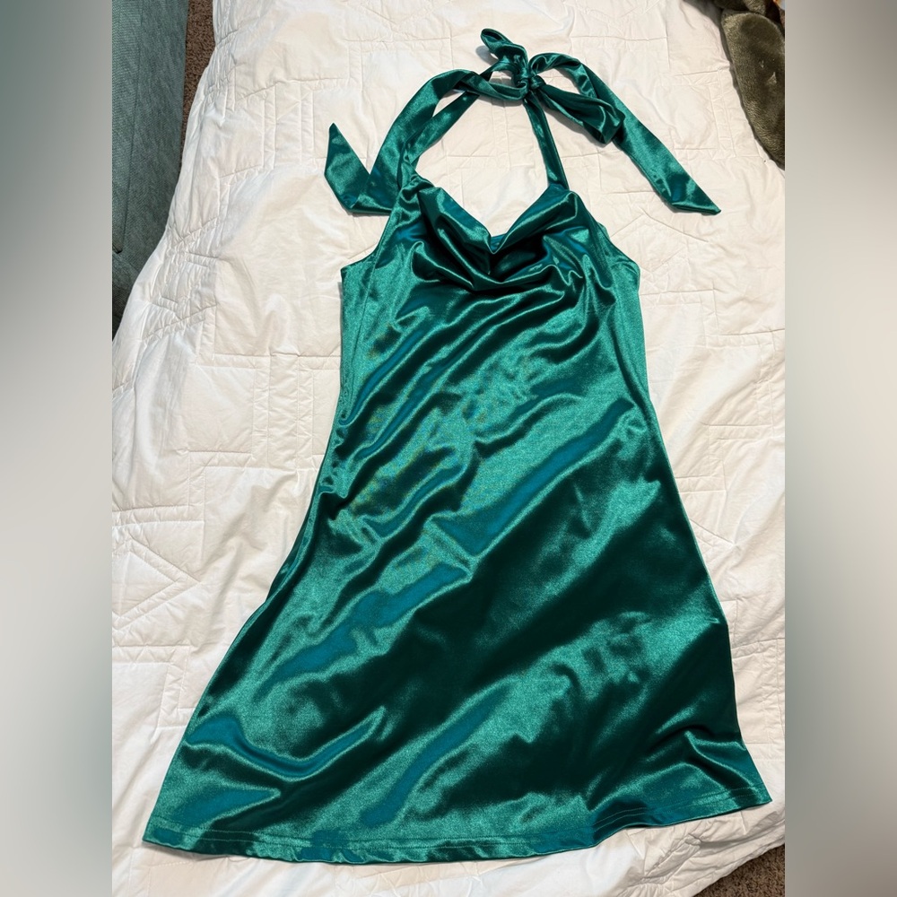 Elegant Teal Satin Halter Dress